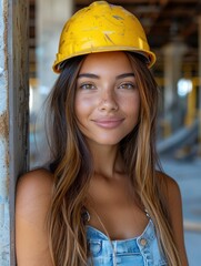 Smiling woman in a yellow hard hat leaning against a metal beam at a construction site