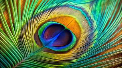 The image is a close-up photograph of a peacock feather, showcasing its intricate patterns and vibrant colors.