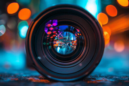 Close-Up Macro Shot of Camera Lens with Colorful Reflections, Commercial Photography, Stock Photo, 3:2 Aspect Ratio