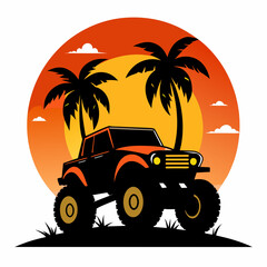 ynthase 4WD Monster Truck T-Shirt Design Vector Art with Palm Trees and Sunset