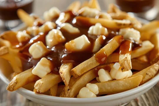A generous serving of poutine with crispy fries, cheese curds, and rich brown gravy, epitomizing Canadian comfort food with copy space