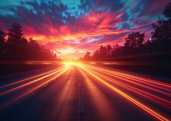 Stunning Sunset Highway with Speeding Light Trails and Vibrant Sky Illustration