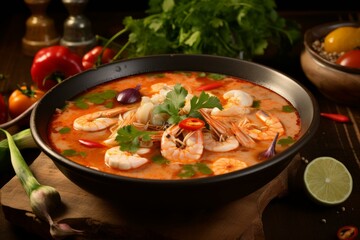 Refreshing Tom yam soup bowl. Shrimp food dish spicy chili. Generate Ai