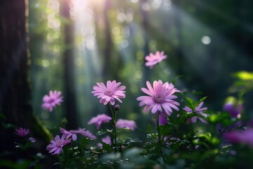 Obraz premium A surreal scene of a forest clearing where enchanted flowers radiate a soft, supernatural light, transforming the surroundings into a fairytale setting with copy space