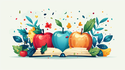 Simple flat illustration of books and apples.