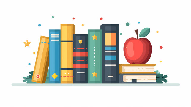 Simple flat illustration of books and apples.