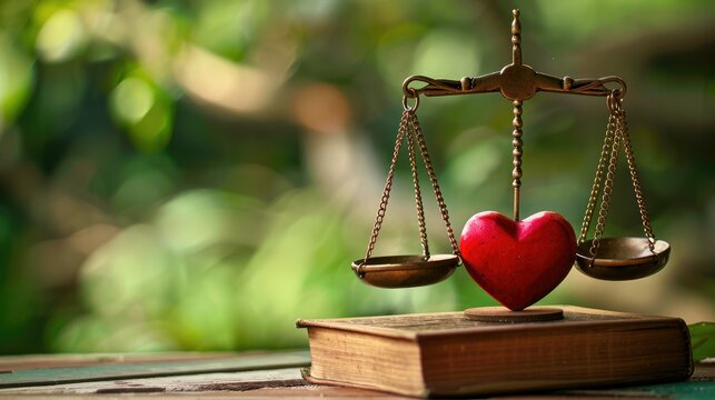 Wooden balance scale with heart and justice symbol on a book in a natural green background, representing love and justice.