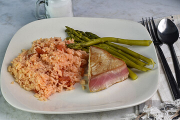 tuna steak  with rice and  asparagus