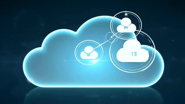 This video visually presents the concept of cloud and edge computing technology combined with a cybersecurity data protection system. Three large cloud icons prominently stand out on the right