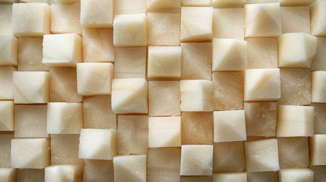 Arrangement of uniform, pale beige cube-shaped objects, possibly food items like tofu, forming a geometric grid pattern with subtle texture variations.