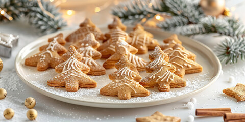 Fototapeta premium Traditional Christmas gingerbread cookies on a natural wooden plate placed next to white linen napkins, pine cones and cinnamon sticks. Winter holiday bakery.