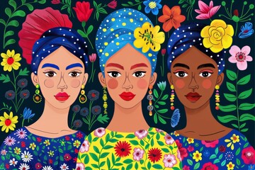 Obraz premium Vibrant and colorful illustration of three women with floral headbands in a patterned background emphasizing cultural diversity