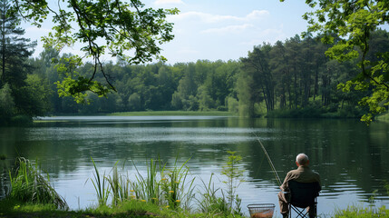 Fototapeta premium An elderly fisherman sitting by a peaceful pond surrounded by trees, enjoying a calm day of fishing. Perfect for themes of nostalgia, nature, and peaceful solitude.