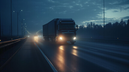 A truck driving on a highway at night with headlights illuminating the road, symbolizing the transportation and logistics industry. Ideal for themes of night driving, transport, and industry.