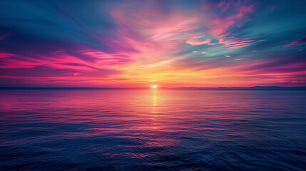 Fototapeta premium A vibrant sunset over the sea with rich, saturated colors reflecting on the water, creating a breathtaking seascape. Perfect for themes of beauty, nature, and serenity.