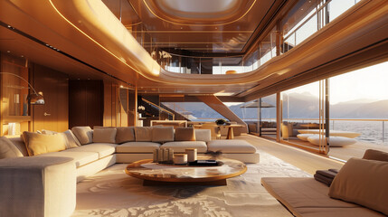 The elegant interior of a luxurious yacht, featuring sophisticated design and plush seating, highlighting the opulence and comfort of a high-end maritime lifestyle.