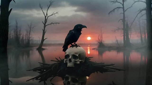 Raven on Human Skull Dark Landscape 4K Loop features an A.I. generated video of a raven perched on a human skull in a swampy desolate landscape at sunset in a loop.