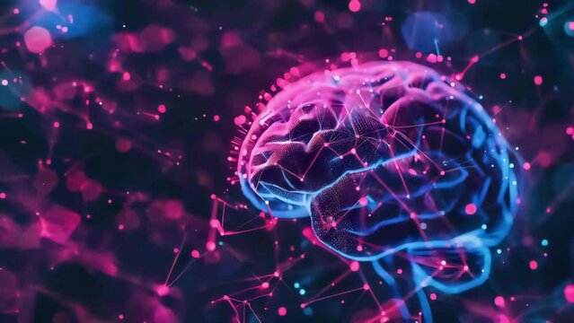 Of human brain with glowing dots and lines on dark background. Neural network connection, artificial intelligence technology, abstract science concept, futuristic mind system