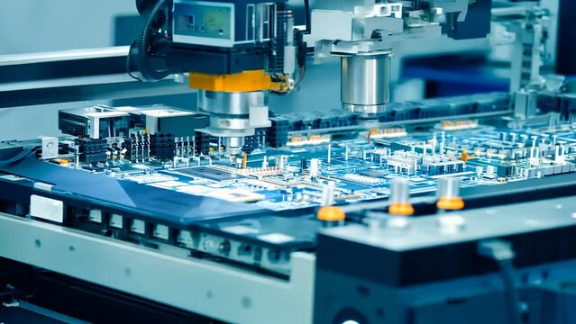 A detailed timelapse showcasing a fully automated PCB assembly line equipped with advanced high-precision robot arms at an electronics factory. The scene captures the intricate process 