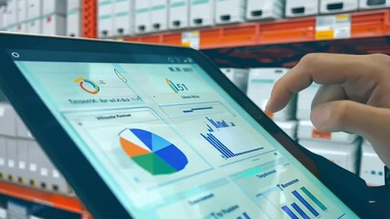 A scene depicting a worker using a tablet PC to manage inventory and analyze statistical data in a warehouse. The image highlights the integration of technology in warehouse management systems - Powered by Adobe