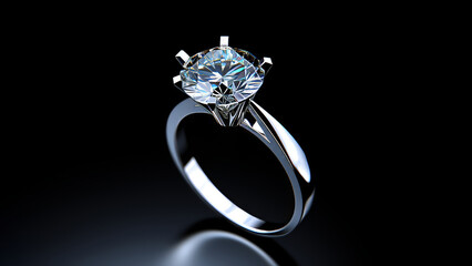 A close-up of a solitaire diamond engagement ring on a reflective surface with a dark background.