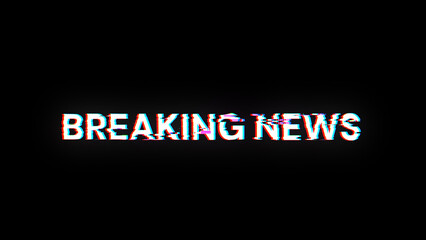 3D rendering breaking news text with screen effects of technological glitches