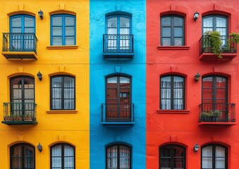 Obraz premium Colorful Building Facade with Vibrant Yellow, Blue, and Red Walls Featuring Balconies and Windows