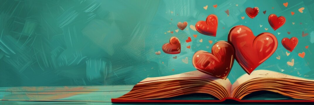 World Book Lovers Day. Horizontal banner. Open book with hearts above the pages. Copy space. Day of knowledge, day of literacy. Back to school, education learning concept. National library Day