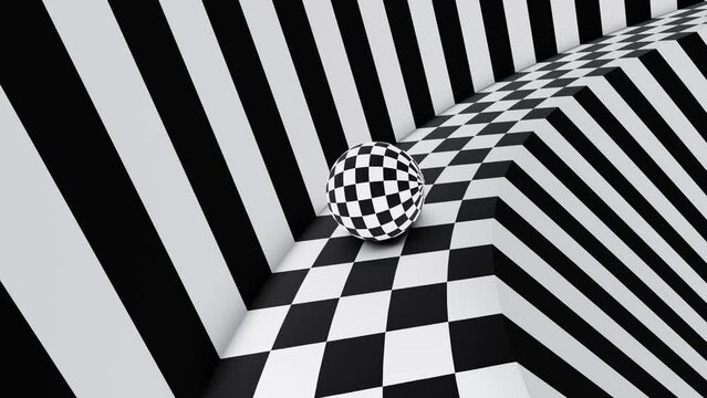 Black and white ball on checker road optical illusion loop animation