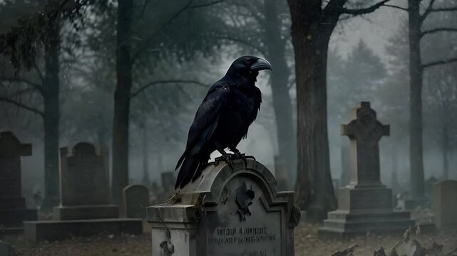 Raven Perched on an Old Tombstone 4K Loop features an A.I. generated video of a large Raven sitting on an old tombstone in a deserted cemetery with snow lightly blowing in a loop.