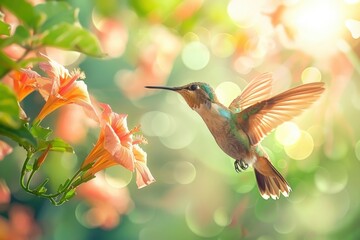 Naklejka premium A hummingbird hovers near a vibrant flower in a sunlit garden, showcasing the beauty of nature and perfect harmony in motion.