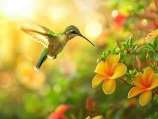 Fototapeta premium A vibrant hummingbird hovering near colorful flowers in a sunlit garden, capturing the beauty of nature in mid-flight.