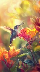 Fototapeta premium A vibrant hummingbird hovers near colorful flowers in soft sunlight, capturing the essence of nature's beauty and delicate balance.