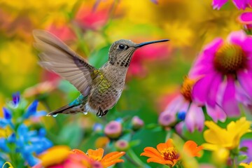 Fototapeta premium A vibrant hummingbird in flight surrounded by colorful flowers, showcasing the beauty of nature in full bloom.
