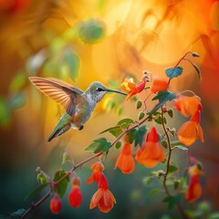 Obraz premium Vibrant hummingbird feeding on orange flowers with a warm, blurry background, showcasing nature's beauty and delicate moments.