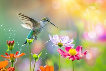 Fototapeta premium Vibrant hummingbird hovers over colorful blossoming flowers, illuminated by soft sunlight, captured in a serene garden setting.
