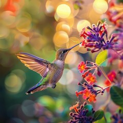 Fototapeta premium Vibrant hummingbird in mid-flight, sipping nectar from colorful flowers against a beautiful bokeh background.
