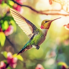 Fototapeta premium Vibrant hummingbird in flight among colorful blossoms, captured in golden sunlight, showcasing the beauty of nature and wildlife.