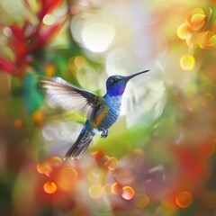 Fototapeta premium Vibrant hummingbird in mid-flight surrounded by colorful bokeh and natural foliage background.