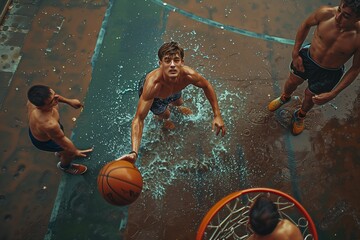 Young Man Dribbling Basketball During Rainy Day Game