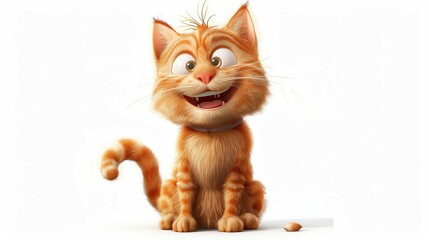 A cute cartoon cat sitting happily, with big, expressive eyes, and a playful smile on a plain white background