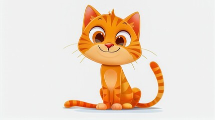 A cute cartoon cat sitting happily, with big, expressive eyes, and a playful smile on a plain white background