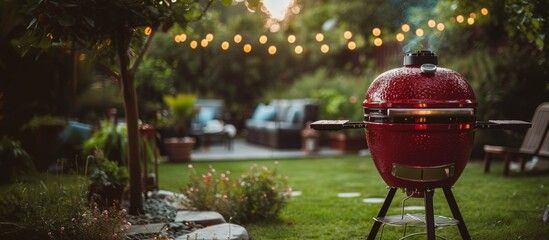 Red Ceramic Grill in Backyard Setting. A red ceramic grill in a backyard setting with string lights, showcasing an inviting atmosphere for outdoor cooking. Banner with copy space