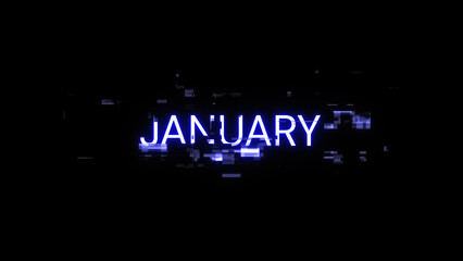 3D rendering January text with screen effects of technological glitches