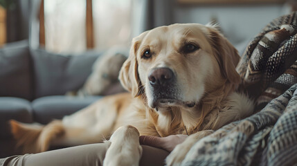 Obraz premium Dog relaxing on persons lap. Generative by AI