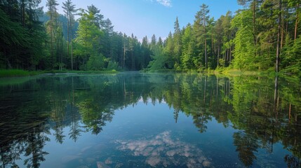 Serene Lake Reflection in a Lush Forest