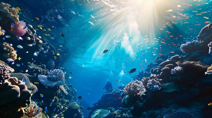 Beautiful underwater marine life scene with sunlight rays. Vibrant coral reef and schools of fish in a tropical ocean setting. Ideal for nature, environmental, and underwater photography themes. AI.