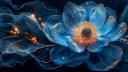 Obraz premium a wallpaper botanical flowers with one big flower for whole artwork flowing alcohol ink style bioluminescence navy blue background, white, gold, 