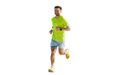 Male runner in running shoes training in a sports T-shirt, cut out