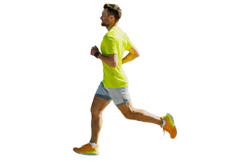 A male runner, wearing running shoes and a sports T-shirt, is training. cut out
